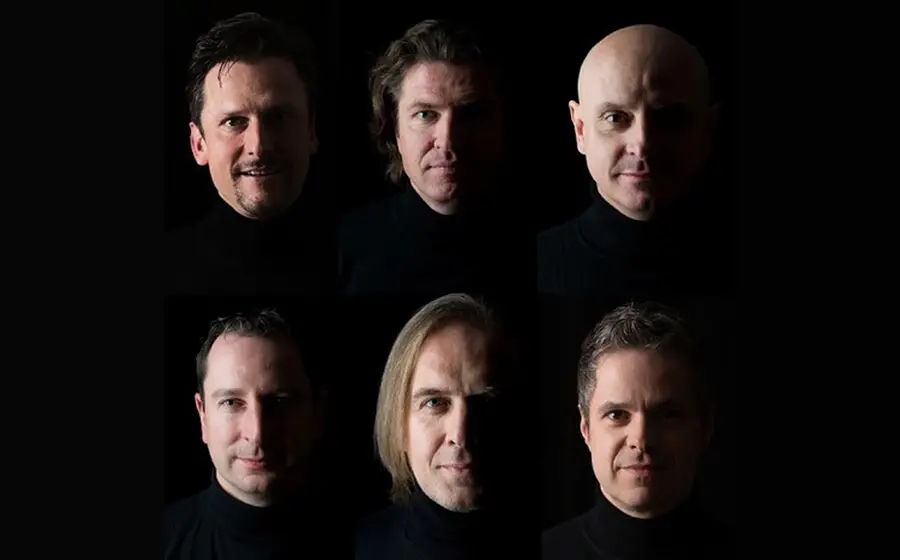 Collage aus sechs Portraits der Künstler auf schwarzem Hintergrund
