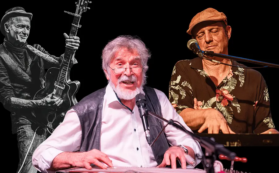 Collage mit drei ältereren Musikern vor schwarzem Hintergrund, darunter ein Gitarrist links, ein Sänger am Mikrofon in der Mitte und ein Keyboardspieler an seinem Instrument rechtswährend eines Bühnenauftritts.