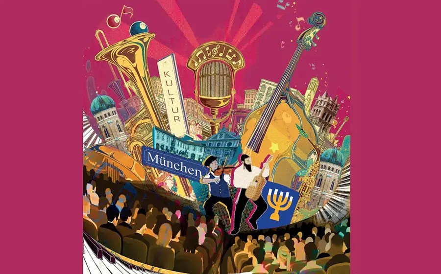 Illustration zu den Jüdischen Kulturtagen in München mit Musikinstrumenten, kulturellen Symbolen, Münchner Wahrzeichen und Publikum vor magentafarbenem Hintergrund. Im Zentrum stehen ein Mikrofon, eine Menora sowie Schilder mit den Begriffen Kultur und München