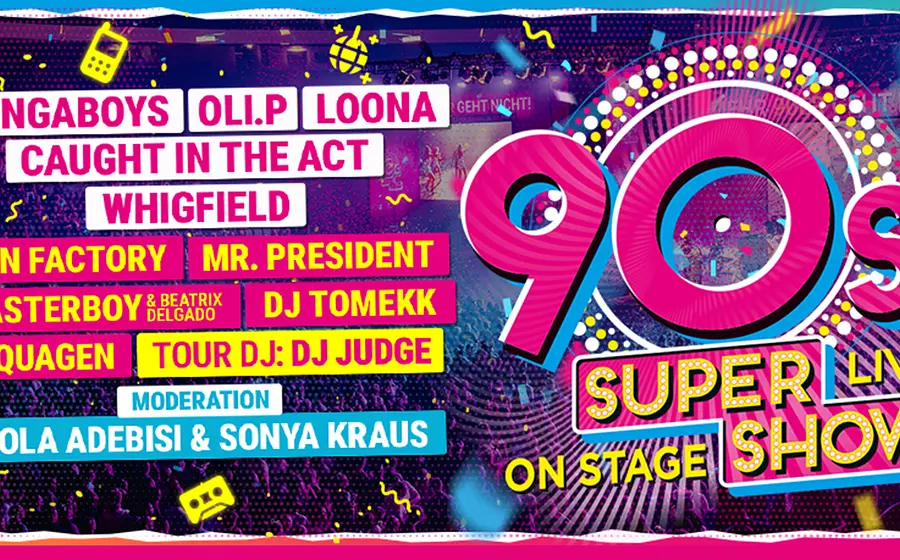 Das Plakat für die Veranstaltung 90s Super Show, mit einem bunten Design im typischen Stil der 90er Jahre