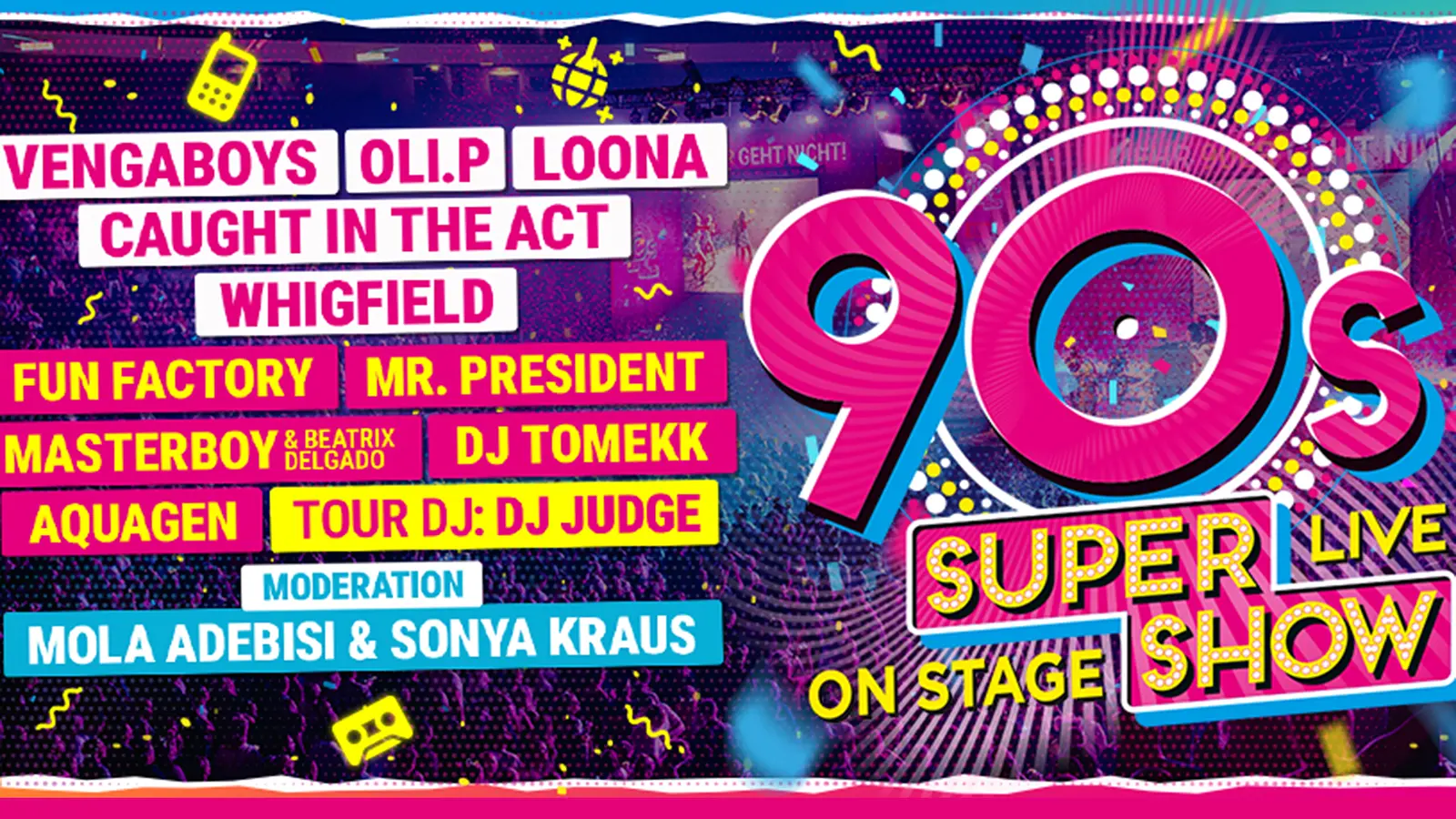 Das Plakat für die Veranstaltung 90s Super Show, mit einem bunten Design im typischen Stil der 90er Jahre