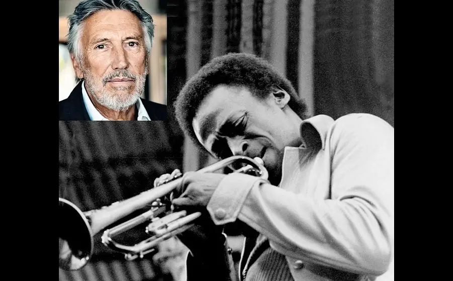 Bildmontage zur Veranstaltung „Another Kind of Miles“: rechts ein historisches Schwarz‑Weiß‑Foto eines Jazzmusikers beim Trompetenspiel (Miles Davis), links oben ein Farbpormträt von Christian Brückner vor neutralem Hintergrund; Motiv zum Erzählkonzert mit Lesung und Live‑Jazz