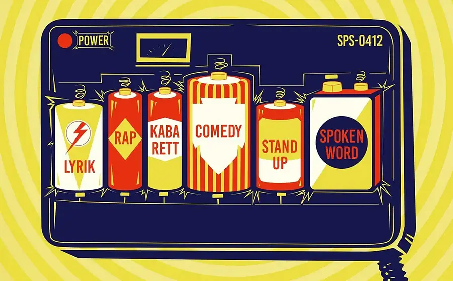 Eine Illustration für die Veranstaltung des 108. Schwabinger Poetry Slam mit verschiedenen Batterietypen auf gelbem Hintergrund