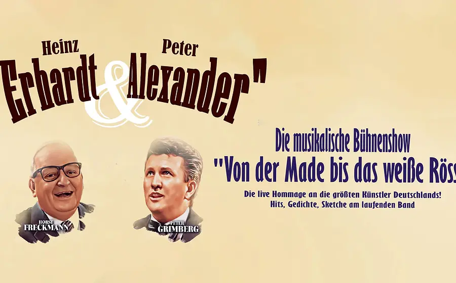 Beiges Poster mit zwei Porträts in warmen Farben, brauner Schrift Eberhard & Alexander, violettem Text Von der Made bis das weiße Rössl