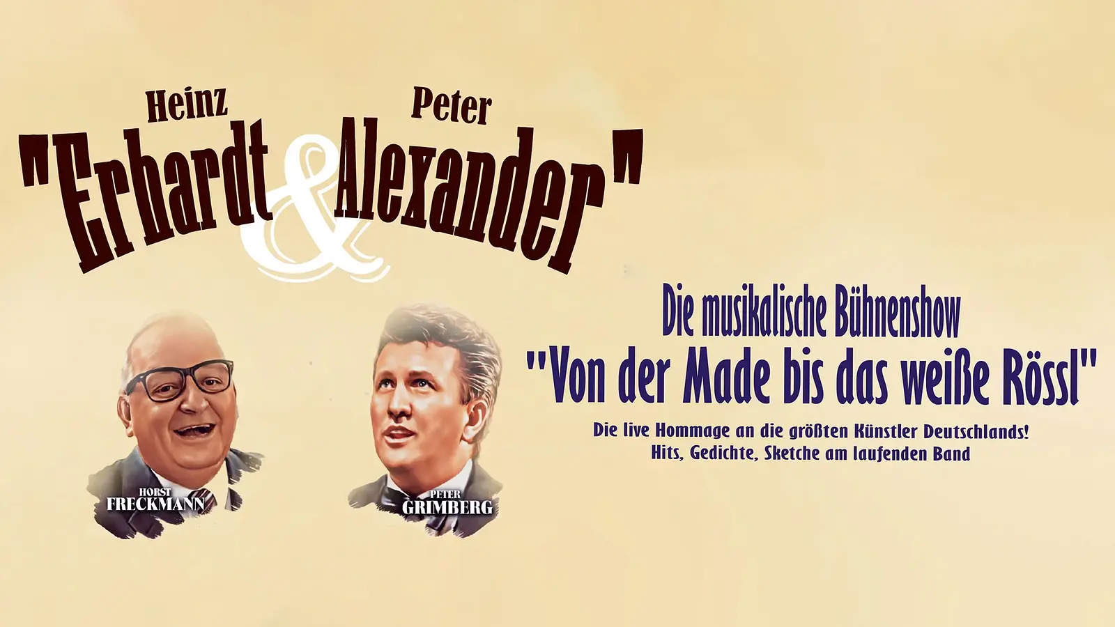Beiges Poster mit zwei Porträts in warmen Farben, brauner Schrift Eberhard & Alexander, violettem Text Von der Made bis das weiße Rössl