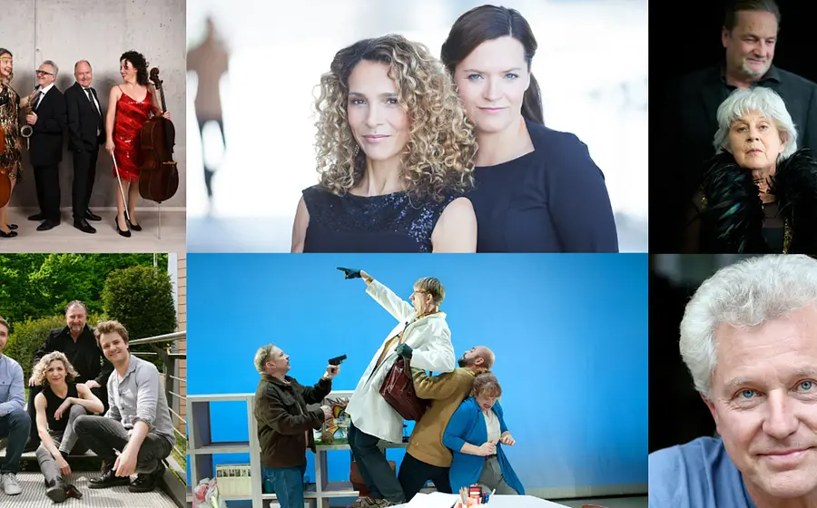 Bildcollage mit verschiedenen Künstlern und Ensembles aus Musik und Theater, darunter Porträts, Gruppenaufnahmen und eine Szene aus einer Bühneninszenierung.
