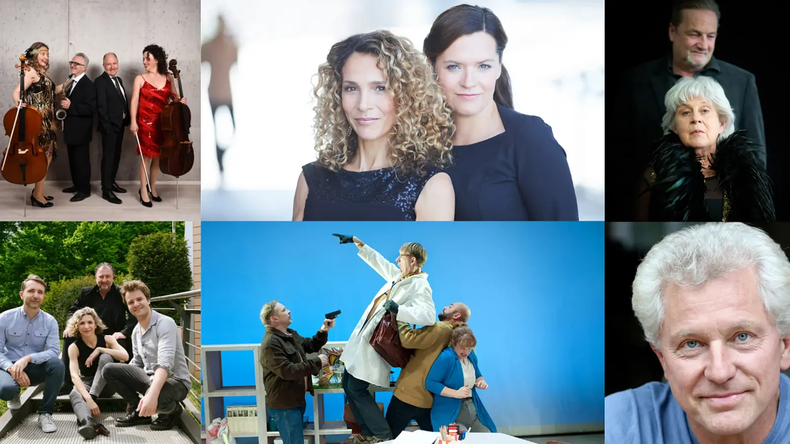 Bildcollage mit verschiedenen Künstlern und Ensembles aus Musik und Theater, darunter Porträts, Gruppenaufnahmen und eine Szene aus einer Bühneninszenierung.