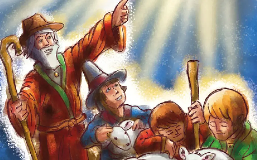 Illustration von mehreren Figuren darunter ein Hirte der in den Himmel zeigt sowie Kinder und Schafe und grellen Lichtstrahlen von oben