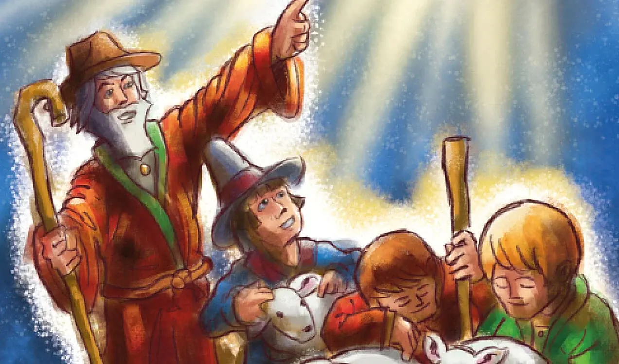 Illustration von mehreren Figuren darunter ein Hirte der in den Himmel zeigt sowie Kinder und Schafe und grellen Lichtstrahlen von oben