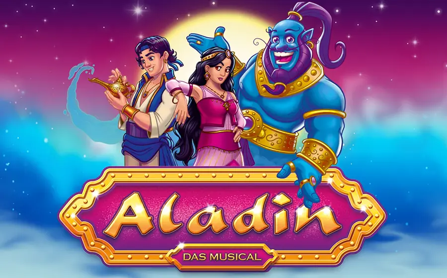 Illustration zum Musical Aladin: Zwei Figuren mit magischer Lampe stehen vor einem blauen Flaschengeist. Darunter das Logo Aladin – Das Musical vor einem Hintergrund in Pink und Blau mit Sternen