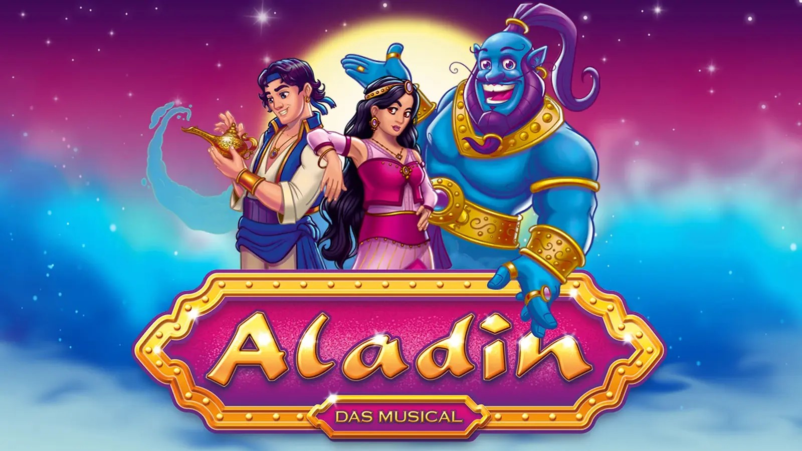 Illustration zum Musical Aladin: Zwei Figuren mit magischer Lampe stehen vor einem blauen Flaschengeist. Darunter das Logo Aladin – Das Musical vor einem Hintergrund in Pink und Blau mit Sternen
