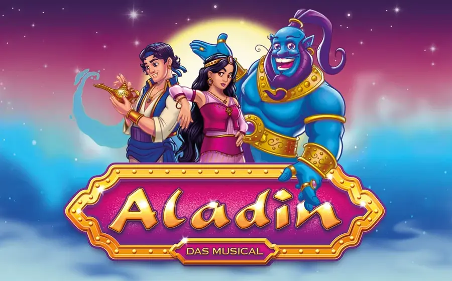 Plakatmotiv zur Veranstaltung Aladin das Musical es sind drei gezeichnete Figuren aus der orientalischen Märchenwelt, darunter eine Person mit Wunderlampe, eine weitere Person in pinkem Gewand sowie ein blauer Dschinn vor einem sternenreichen Himmel.
