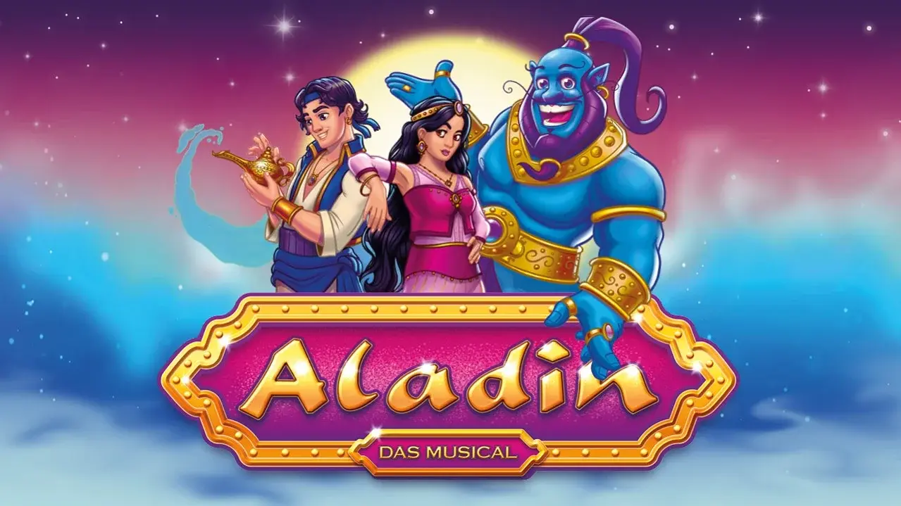 Plakatmotiv zur Veranstaltung Aladin das Musical es sind drei gezeichnete Figuren aus der orientalischen Märchenwelt, darunter eine Person mit Wunderlampe, eine weitere Person in pinkem Gewand sowie ein blauer Dschinn vor einem sternenreichen Himmel.