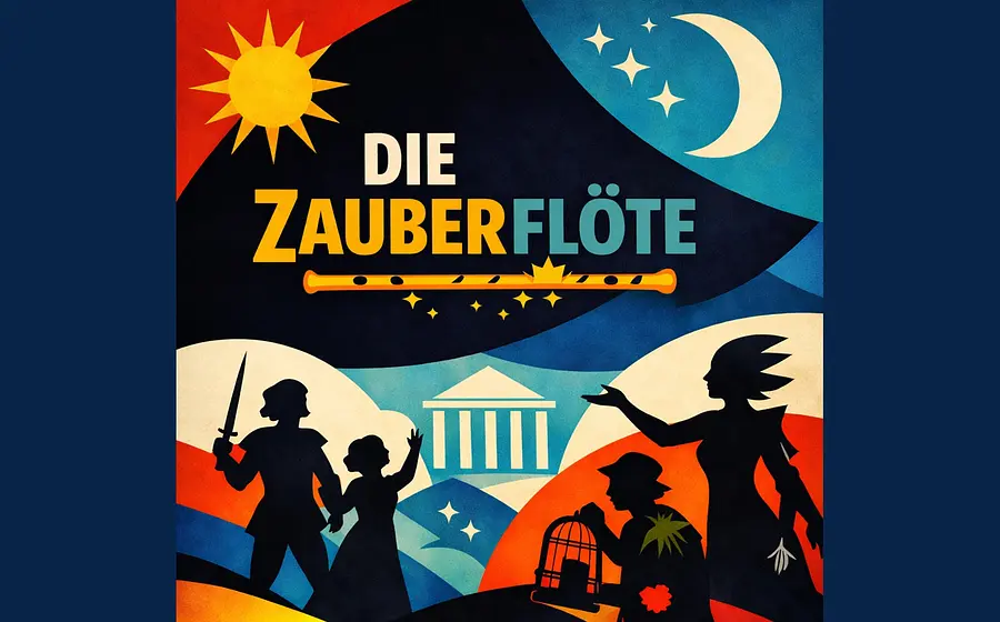 Plakat Die Zauberflöte mit stilisierten Silhouetten mehrerer Figuren aus der Oper, einer Querflöte, Sonne und Mond sowie einem tempelartigen Gebäude vor farbenfrohem Hintergrund in Blau, Orange und Rot mit großem Titel Die Zauberflöte.