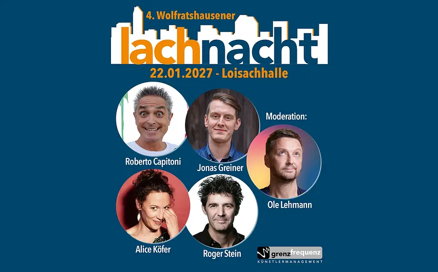 Veranstaltungsplakat zur 4. Wolfratshausener Lachnacht mit Datum und Veranstaltungsort sowie fünf Porträtfotos der auftretenden Künstlerinnen und Künstler und der Moderation auf blauem Hintergrund.