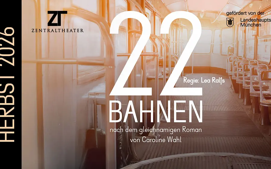 Eventfoto „22 Bahnen“ mit weißer Schrift und hellorangefarbenem Hintergrund mit Straßenbahn-Interieur.