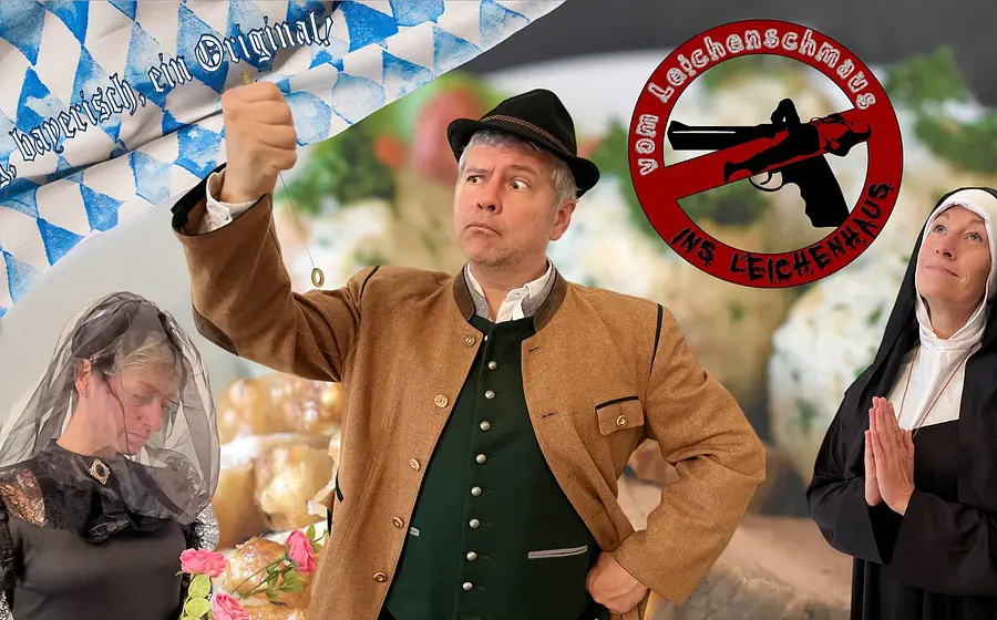 Foto für die Veranstaltung ‚Vom Leichenschmaus ins Leichenhaus – Comedy Krimi Dinner‘ mit einem Mann in bayerischer Tracht, einer Witwe und einer Nonne.