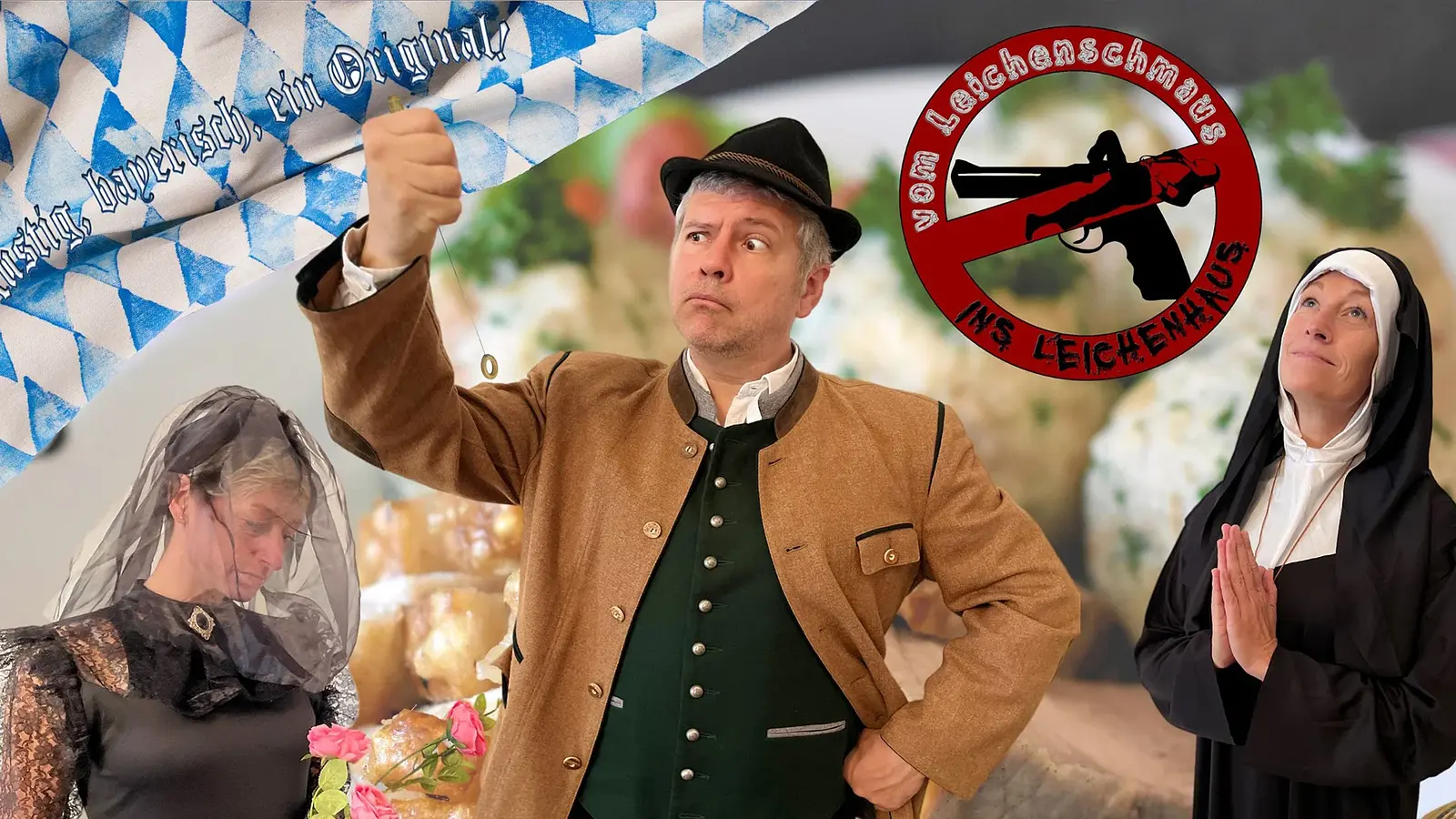 Foto für die Veranstaltung ‚Vom Leichenschmaus ins Leichenhaus – Comedy Krimi Dinner‘ mit einem Mann in bayerischer Tracht, einer Witwe und einer Nonne.