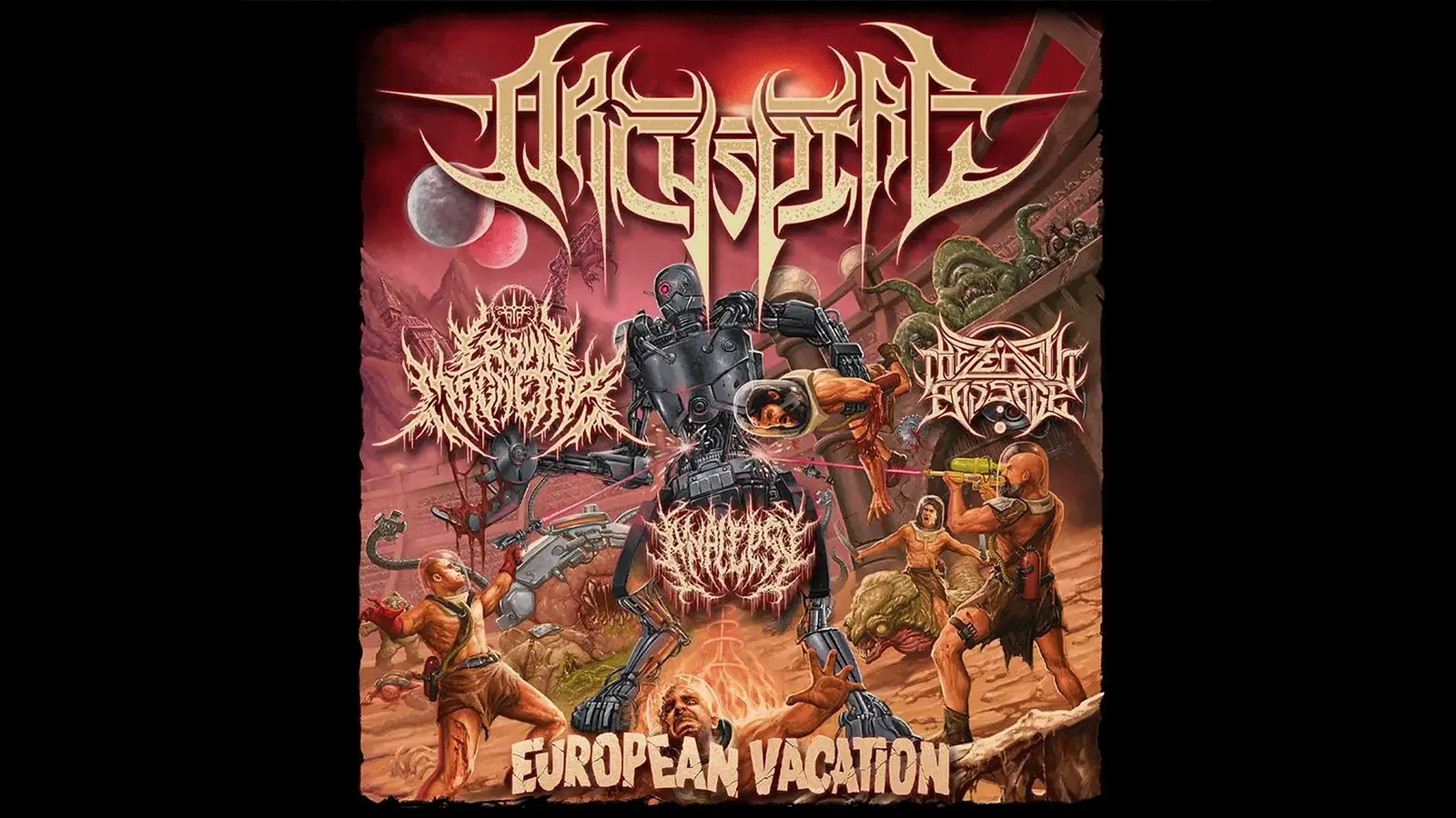 Plakatmotiv der Band Archspire zur European Vacation Tour. Im Zentrum steht ein futuristischer Roboter in einer surrealen Wüstenlandschaft mit Kreaturen, bewaffneten Figuren und Science-Fiction-Elementen. Zu sehen sind die Aufschriften Archspire, European Vacation