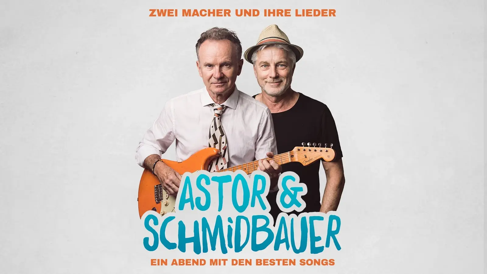 Plakat Astor & Schmidbauer, eine Person mit Gitarre, sowie Banner Astor & Schmidbauer, Zwei Macherund ihre Lieder vor hellem Hintergrund