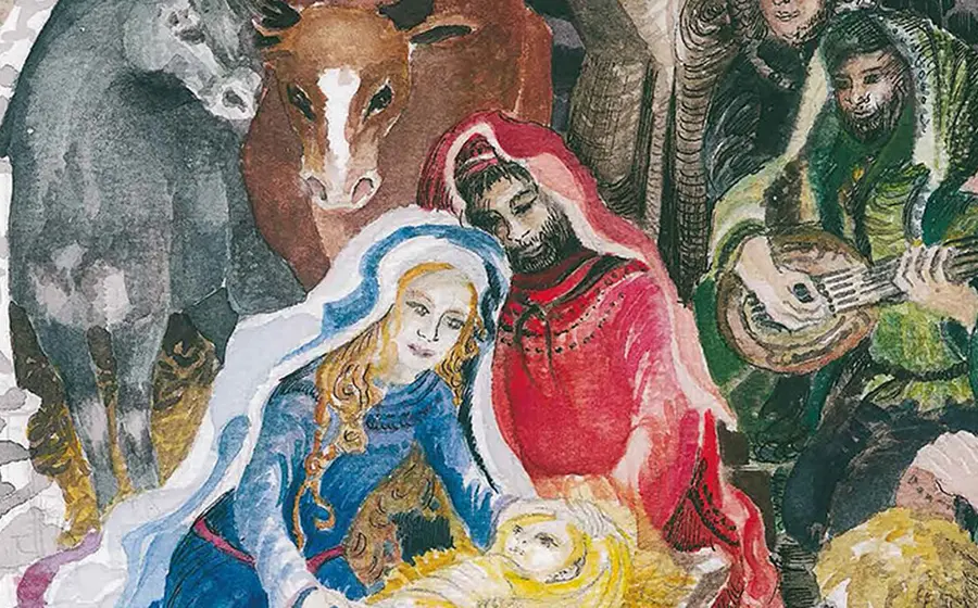 Ein Gemaltesbild, dass das Jesus Kind mit seinen Eltern in der Grippe zeigt.