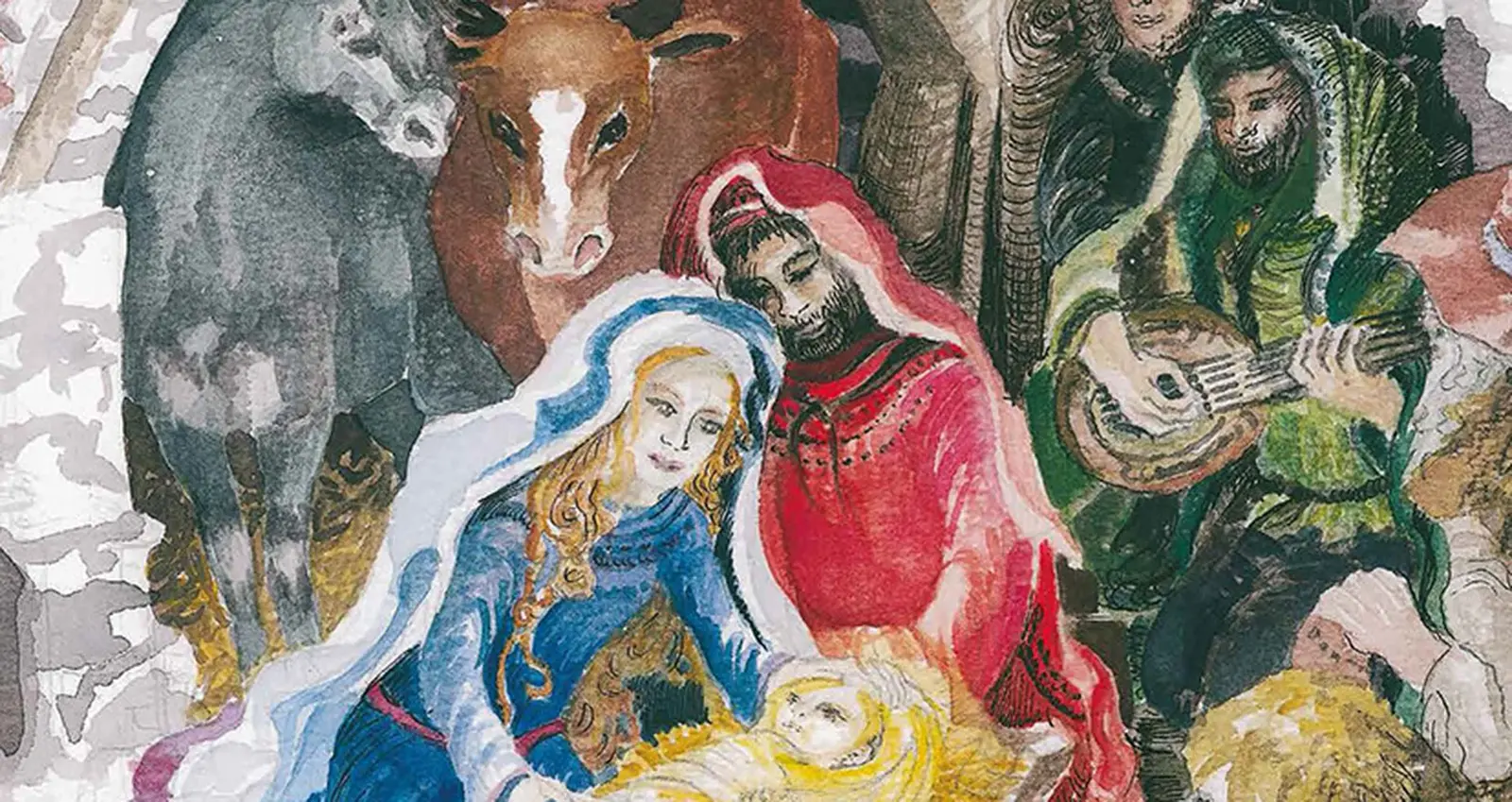 Ein Gemaltesbild, dass das Jesus Kind mit seinen Eltern in der Grippe zeigt.