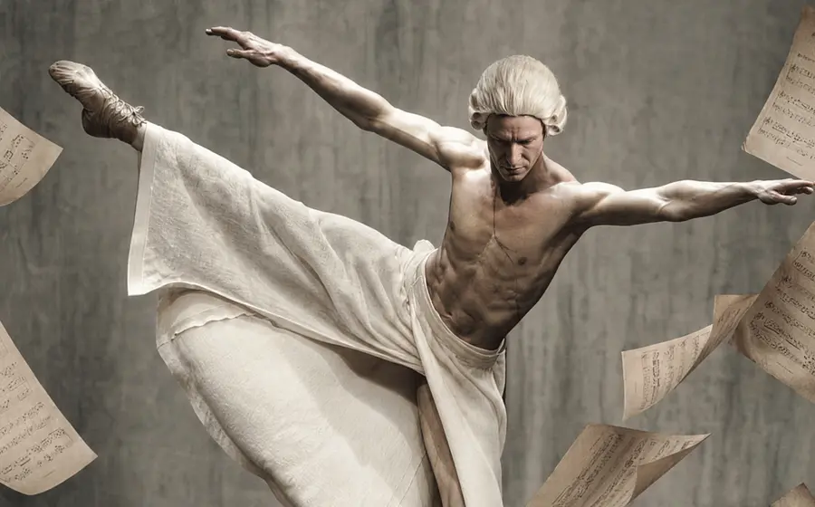 Ballettmotiv mit einer tanzenden Person in historischer Perücke und fließendem weißem Gewand. Um die Figur schweben mehrere Notenblätter, während die Person eine ausdrucksstarke Pose vor grauem Hintergrund einnimmt.