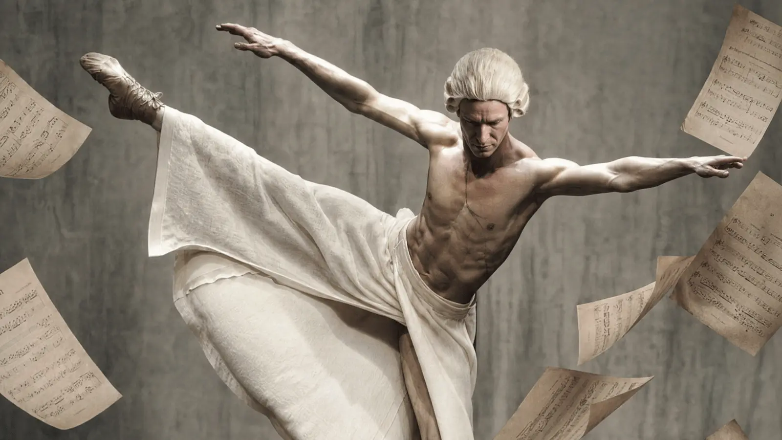 Ballettmotiv mit einer tanzenden Person in historischer Perücke und fließendem weißem Gewand. Um die Figur schweben mehrere Notenblätter, während die Person eine ausdrucksstarke Pose vor grauem Hintergrund einnimmt.