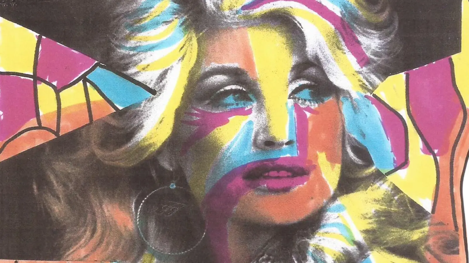 Porträtmotiv im Pop-Art-Stil mit dem Gesicht von Dolly Parton, überlagert von geometrischen Farbflächen in Pink, Gelb, Türkis und Orange, vor abstraktem Hintergrund mit schwarzen Konturen und bunten Formen.