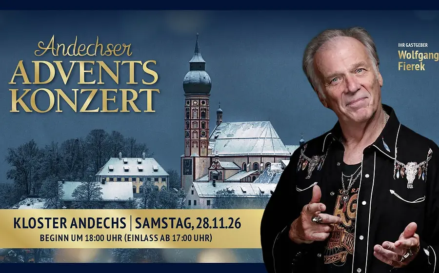 Veranstaltungsgrafik zum Andechser Adventskonzert vor winterlicher Klosterkulisse. Rechts steht ein Porträt von Wolfgang Fierek, links sind Titel, Veranstaltungsort und Termin auf dunkelblauem Hintergrund platziert.