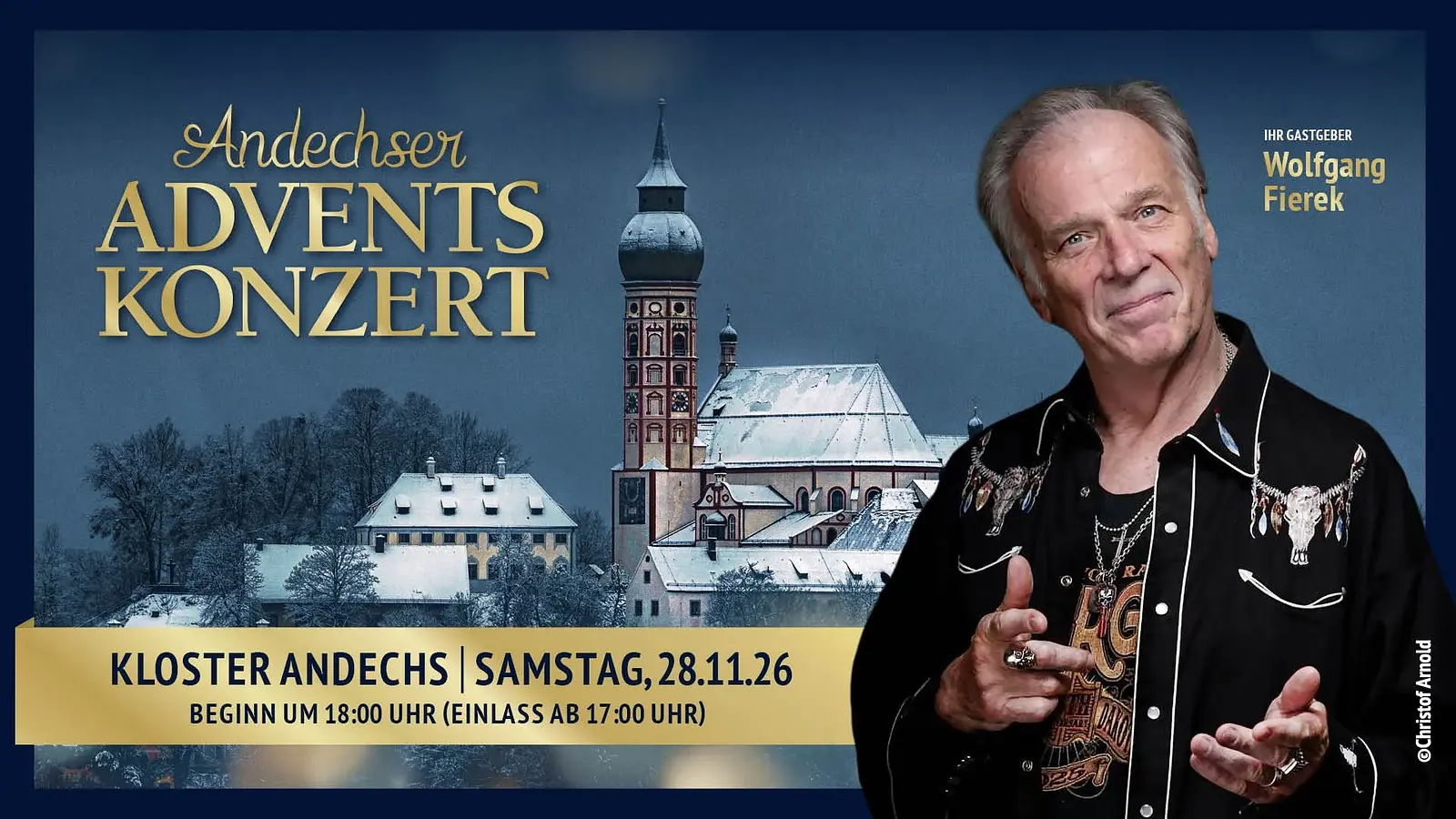 Veranstaltungsgrafik zum Andechser Adventskonzert vor winterlicher Klosterkulisse. Rechts steht ein Porträt von Wolfgang Fierek, links sind Titel, Veranstaltungsort und Termin auf dunkelblauem Hintergrund platziert.