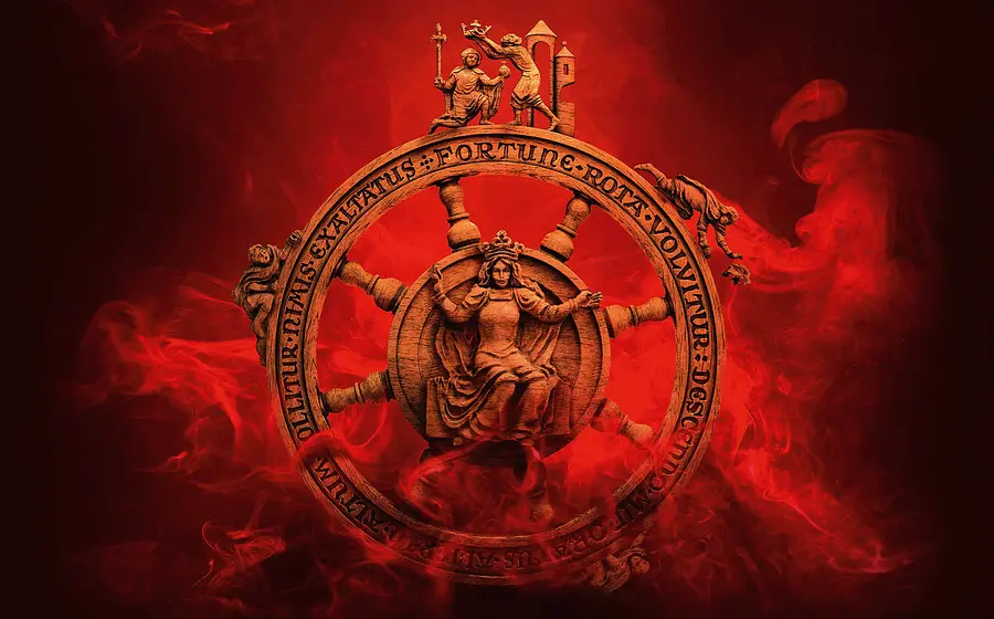 Antikes Glücksrad mit einer zentral dargestellten weiblichen Figur, umgeben von mythologischen Figuren und lateinischer Inschrift, vor einem dramatischen Hintergrund aus roten Flammen und Rauch