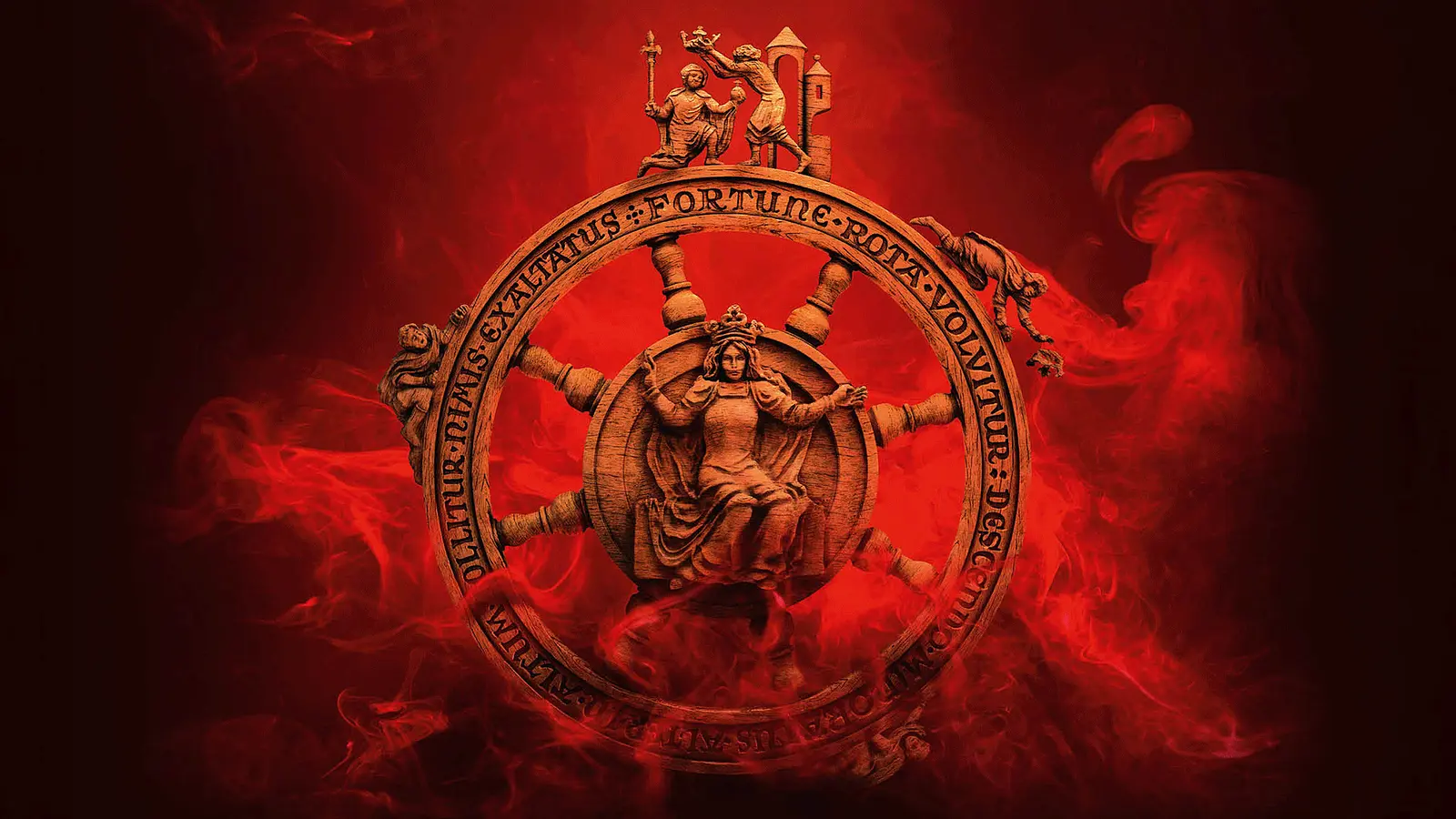 Antikes Glücksrad mit einer zentral dargestellten weiblichen Figur, umgeben von mythologischen Figuren und lateinischer Inschrift, vor einem dramatischen Hintergrund aus roten Flammen und Rauch