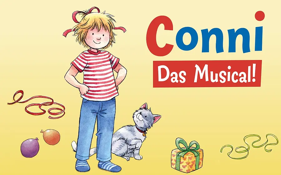 Illustration von Conni neben einem kleinen Hund, umgeben von Luftschlangen und einem Geschenk. Daneben der Schriftzug Conni – Das Musical! auf gelbem Hintergrund.