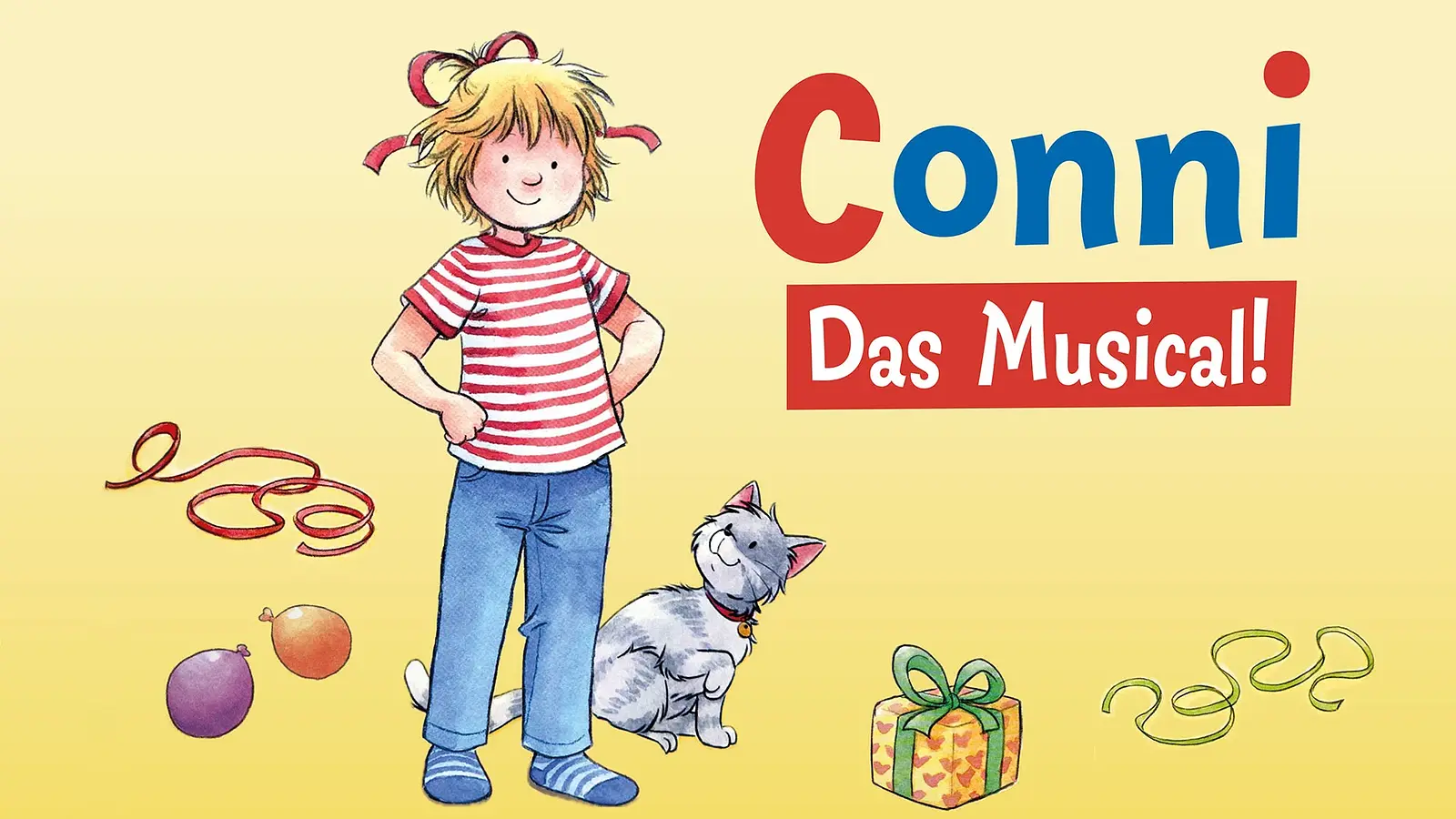 Illustration von Conni neben einem kleinen Hund, umgeben von Luftschlangen und einem Geschenk. Daneben der Schriftzug Conni – Das Musical! auf gelbem Hintergrund.