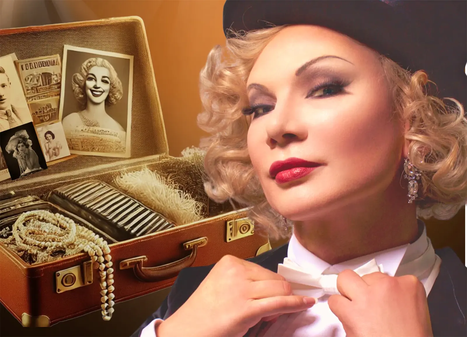 Bild von einer Dame mit einem offenen Koffer mit Perlenkette, Zeichnungen und anderen Requisiten