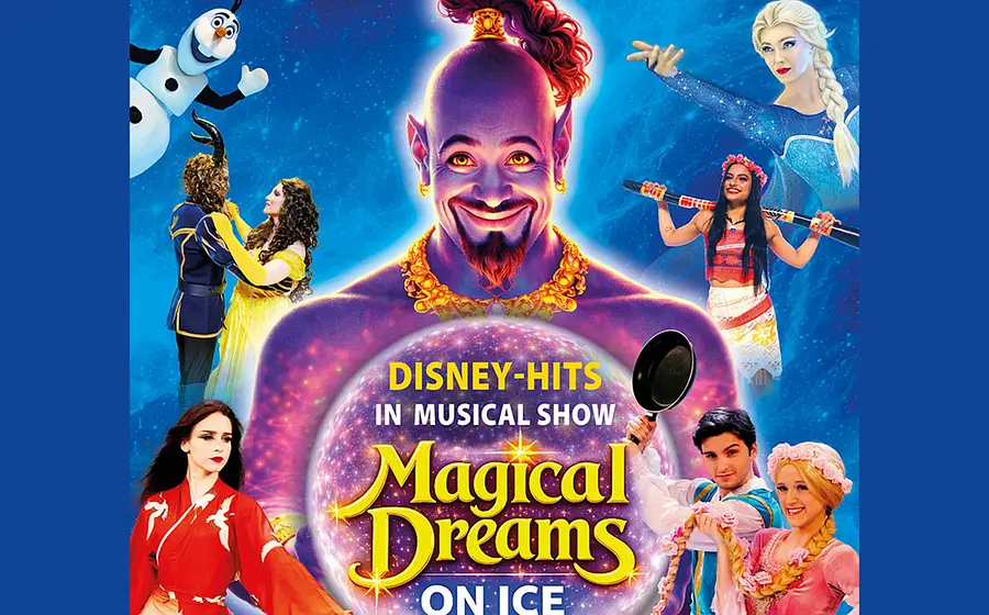 Plakat Magical Dreams on Ice mit großer violetter Fantasiefigur im Zentrum, umgeben von bekannten Märchen- und Animationsfiguren auf eisblauem Hintergrund, darunter eine Eisprinzessin, ein Schneemann, ein Prinzenpaar, eine Figur im roten Gewand sowie weitere Kostümdarstellende, dazu der Schriftzug Magical Dreams on Ice Disney-Hits in Musical Show.