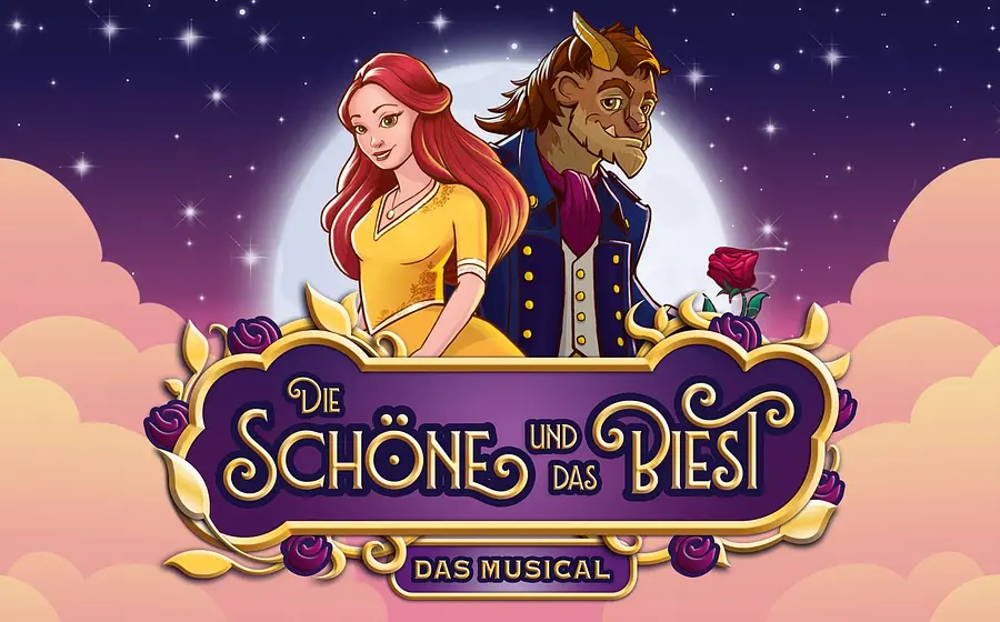 Illustration aus dem Musical Die Schöne und das Biest mit den beiden Hauptfiguren sowie Banner mit Titel der Veranstaltung