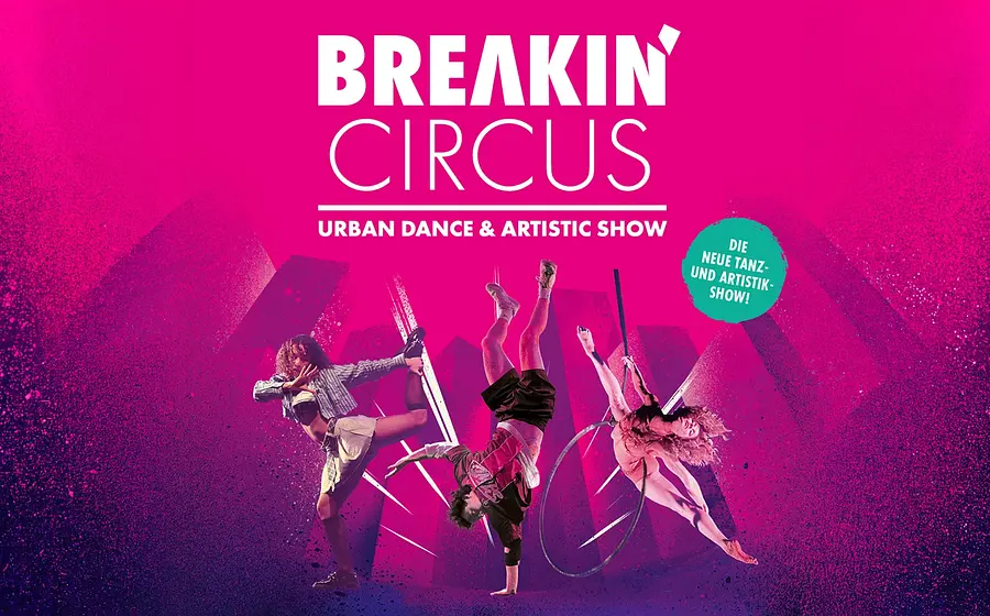 Werbegrafik Breakin’ Circus mit pinkem Hintergrund und drei Artist:innen in akrobatischen Posen.