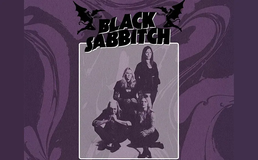 Plakat der band Black Sabbitch mit violetten Mustern und einem Foto sowie Bandlogo mit zwei fliegenden Figuren mit Fledermausflügeln in schwarz
