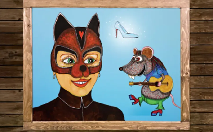 Illustration zu Das bayerische Aschenputtel mit einer Figur in braunem Katzenkostüm und einer Maus mit Gitarre vor hellblauem Hintergrund, eingerahmt von einem rustikalen Holzrahmen, darüber ein gläserner Schuh als Märchenmotiv.
