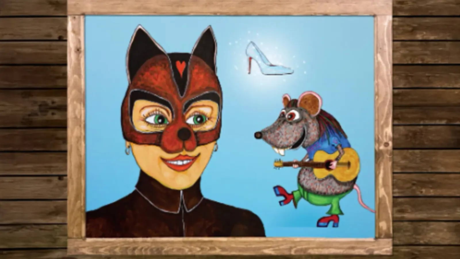 Illustration zu Das bayerische Aschenputtel mit einer Figur in braunem Katzenkostüm und einer Maus mit Gitarre vor hellblauem Hintergrund, eingerahmt von einem rustikalen Holzrahmen, darüber ein gläserner Schuh als Märchenmotiv.