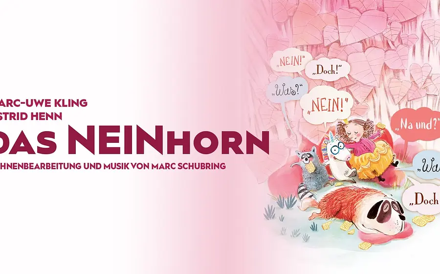 Banner zum Theaterstück „Das Neinhorn“ mit Titeltext und farbenfroher Illustration eines Einhorns, eines Kindes und weiterer Tierfiguren mit Sprechblasen.