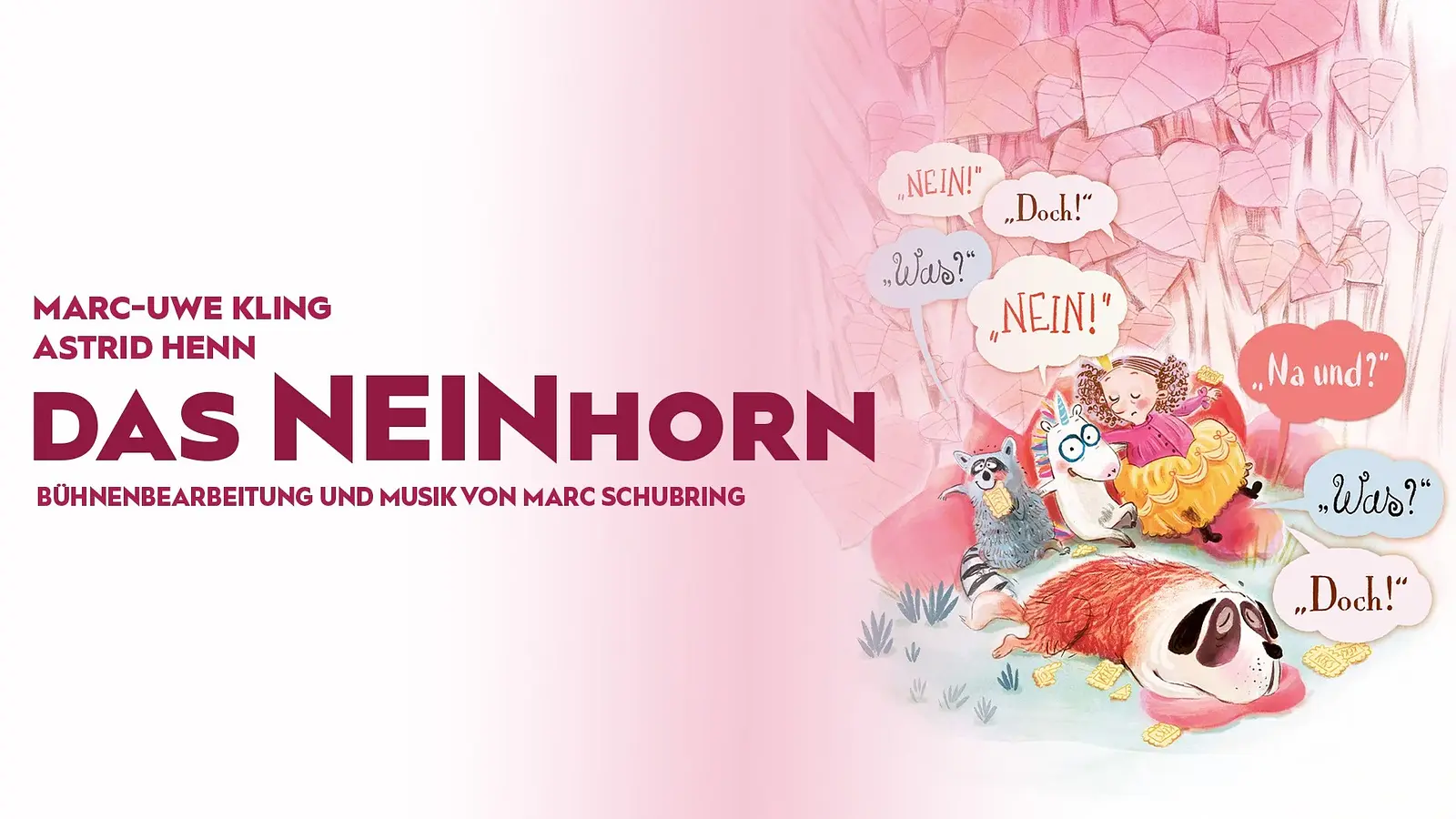 Banner zum Theaterstück „Das Neinhorn“ mit Titeltext und farbenfroher Illustration eines Einhorns, eines Kindes und weiterer Tierfiguren mit Sprechblasen.