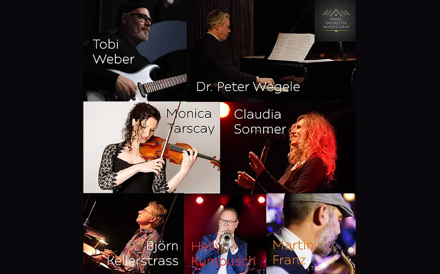 Eine Collage aus sieben farbigen Fotos verschiedener Künstler zu der Veranstaltung Das Swingorchester Mondschein feat. Claudia Sommer