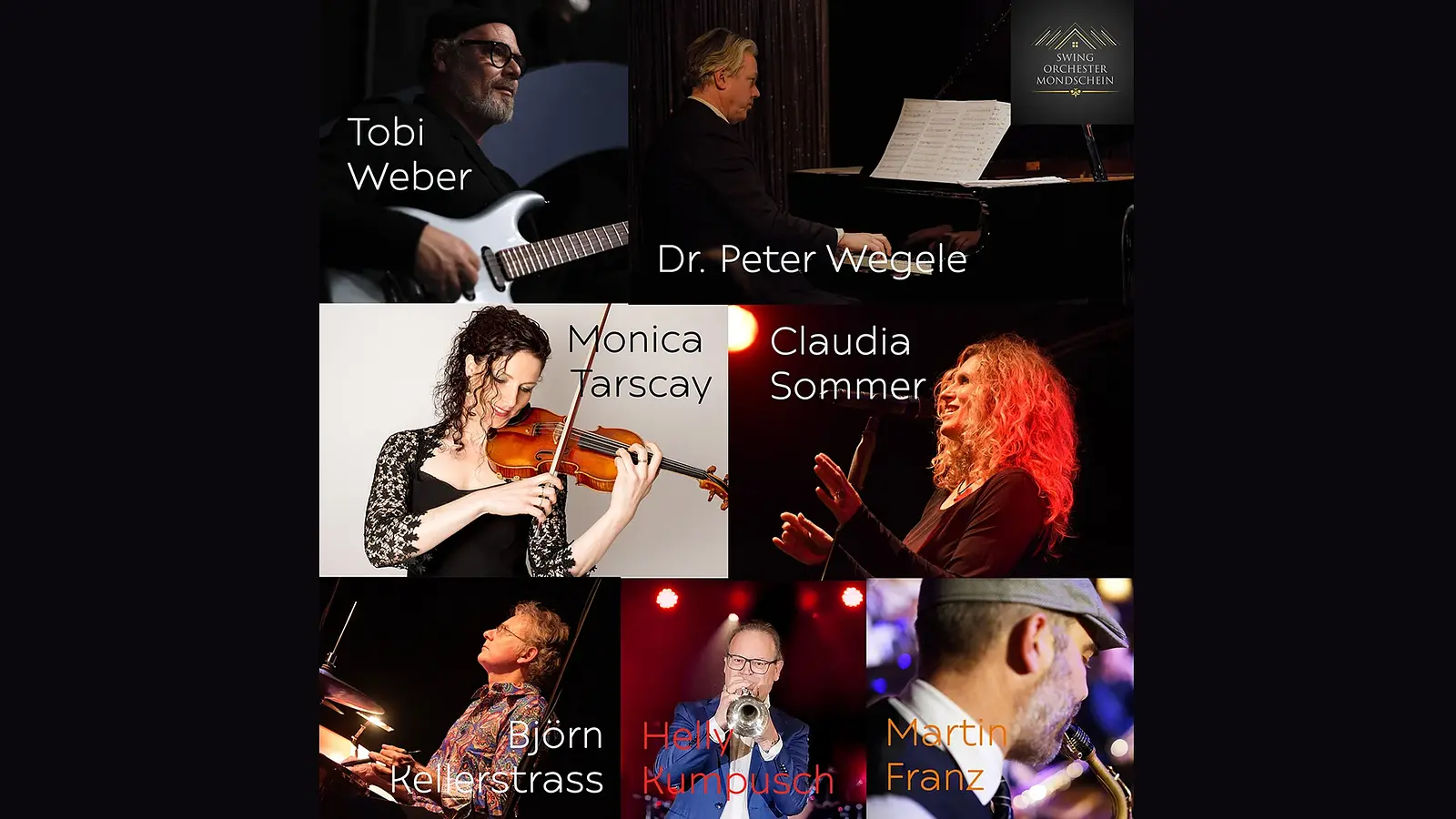 Eine Collage aus sieben farbigen Fotos verschiedener Künstler zu der Veranstaltung Das Swingorchester Mondschein feat. Claudia Sommer