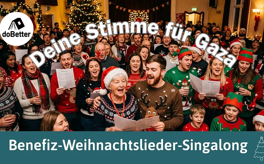 Plakat des Benefizkonzertes mit Banner Deine Stimme für Gaza mit Logo und Foto von zahlreichen weihnachtlich gekleidetetn Personen