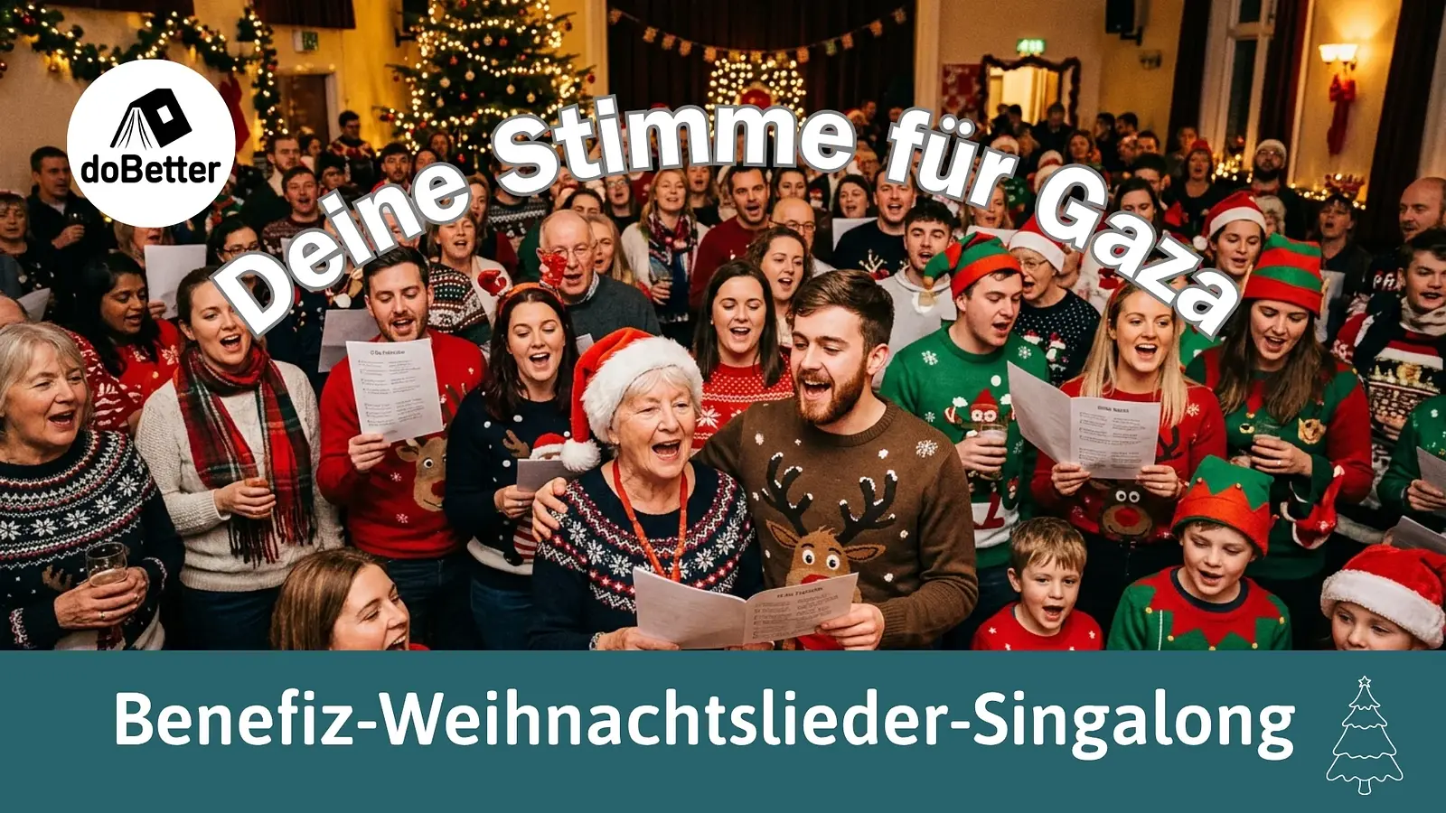 Plakat des Benefizkonzertes mit Banner Deine Stimme für Gaza mit Logo und Foto von zahlreichen weihnachtlich gekleidetetn Personen