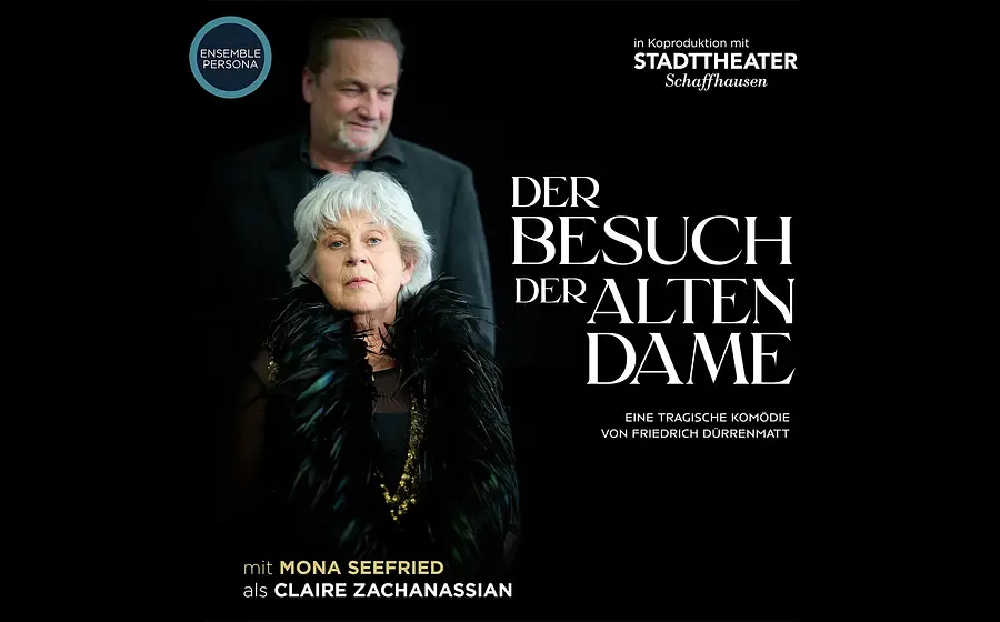 Plakat für Der Besuch der alten Dame mit zwei Darstellenden vor schwarzem Hintergrund und dem Titel der Inszenierung.