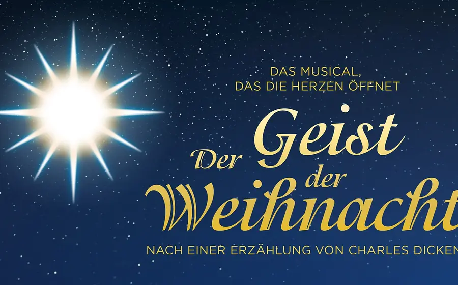 Blaue Grafik mit einem Stern und Aufschrift in gelb zum Musical Der Geist der Weihnacht